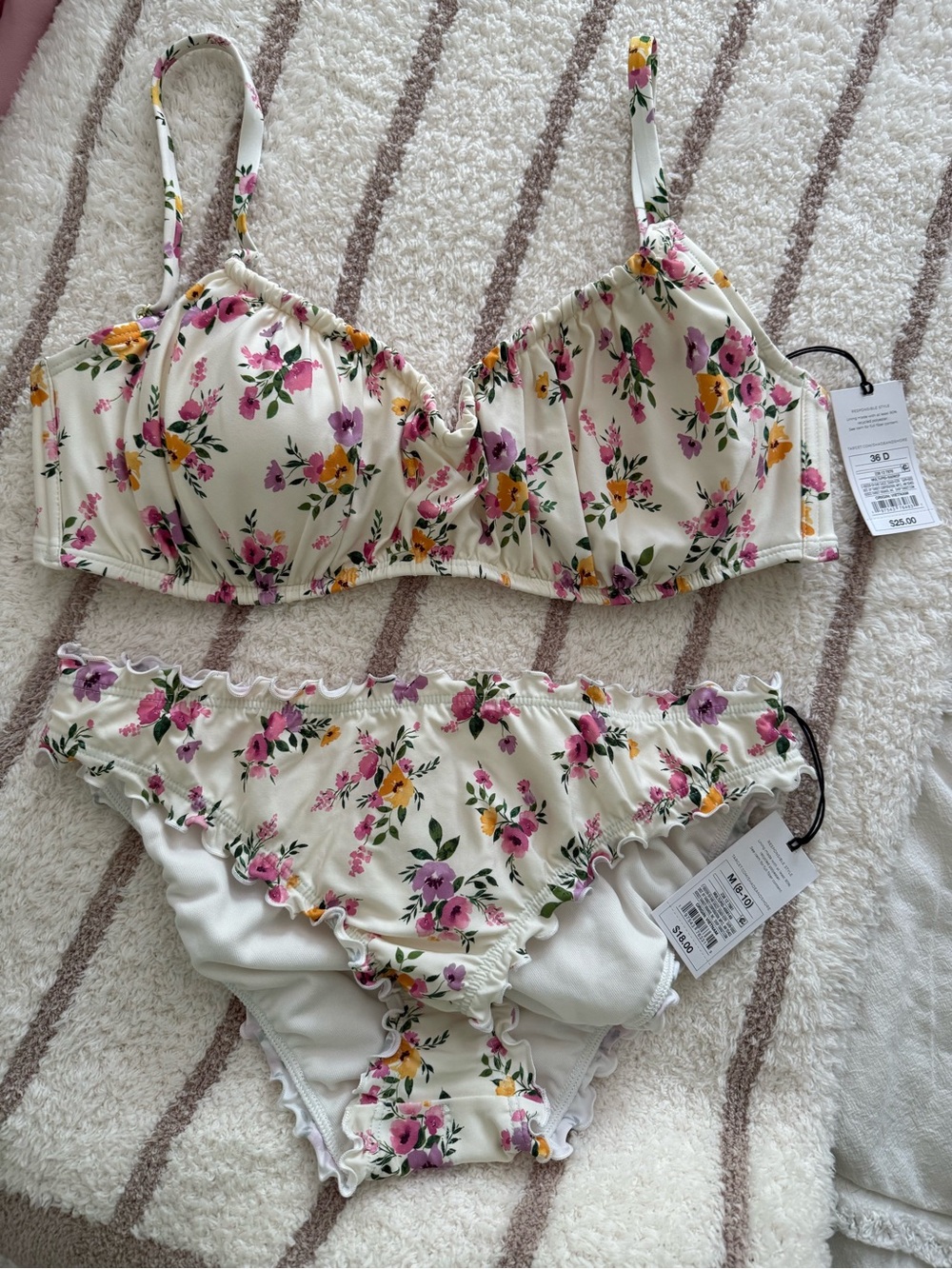 Shade & Shore Floral Ruffle Bikini Set - Cream with Pink & Yellow Flowers